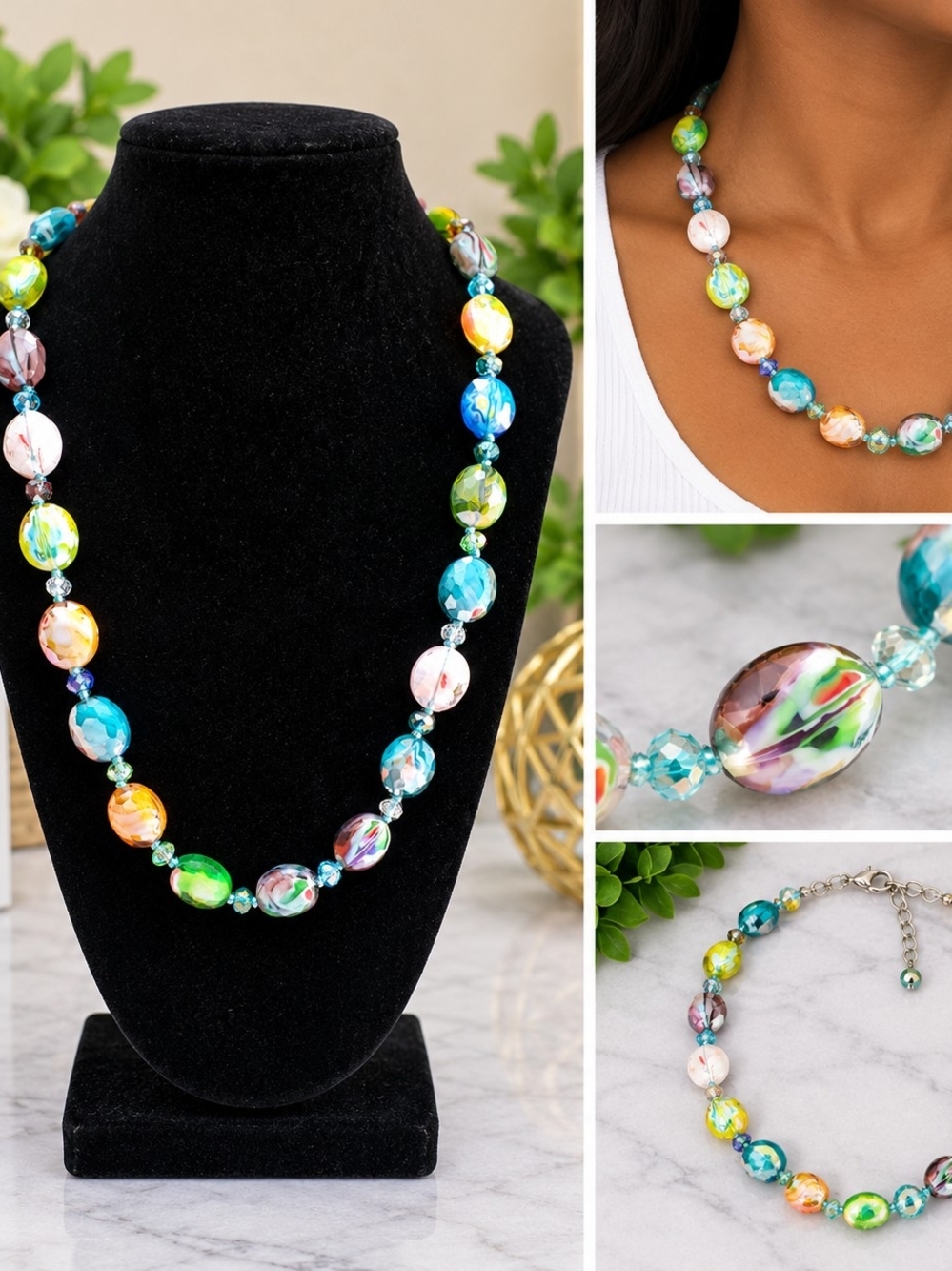 Multicolor Faceted Marbled Beaded Necklace – NEW
